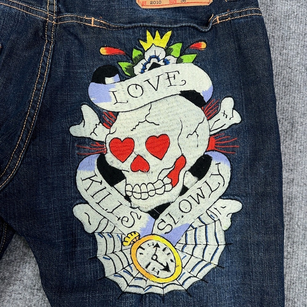 Vintage Ed Hardy Jeans Men 36x32 Embroidered Skull Crossbones Hearts Y2K - Picture 2 of 16